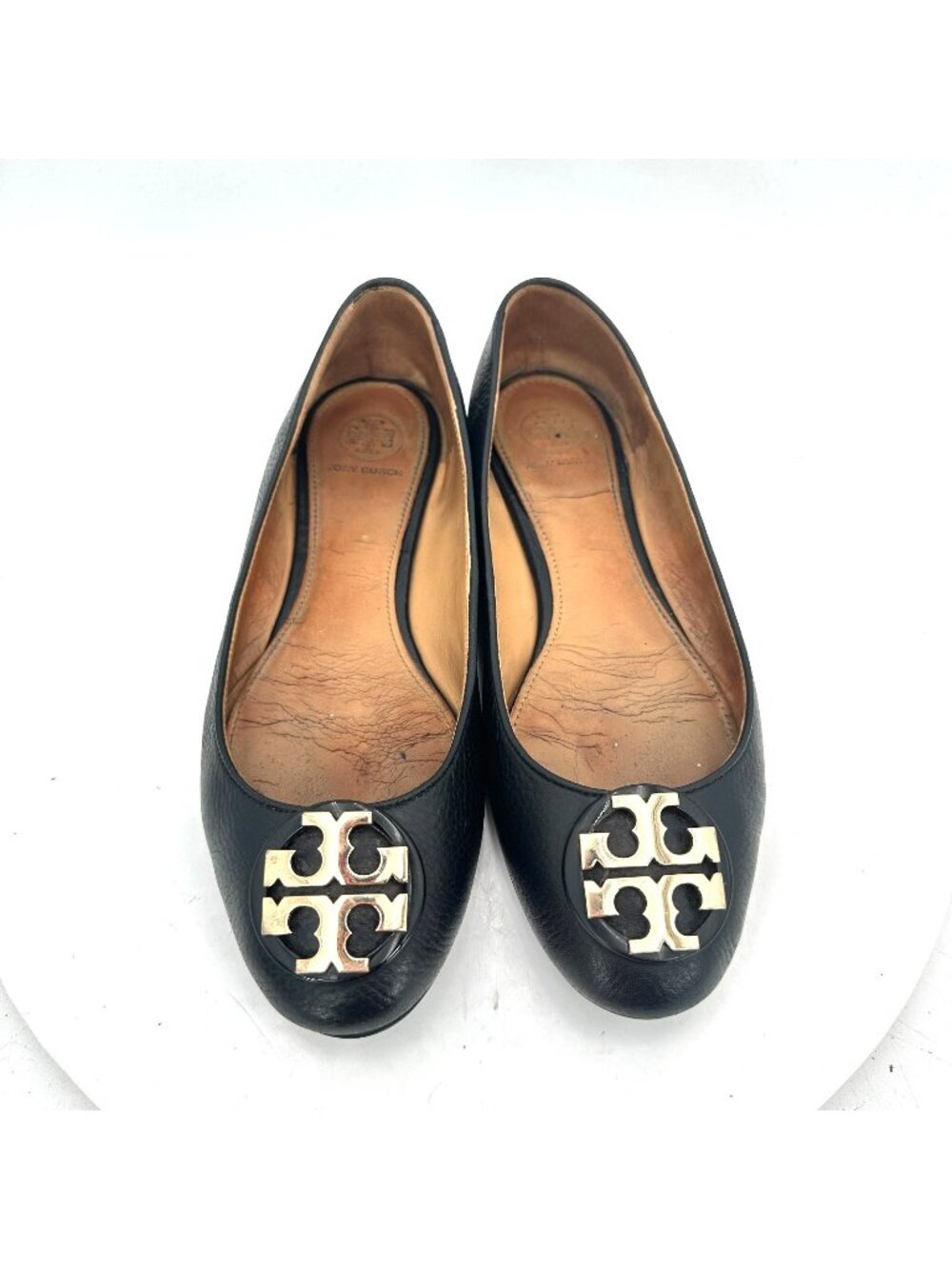 Tory Burch Claire Women Size 7 Black Leather Gold Logo Ballerina Flat Shoes